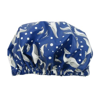 dark blue shower cap whales laminated cotton